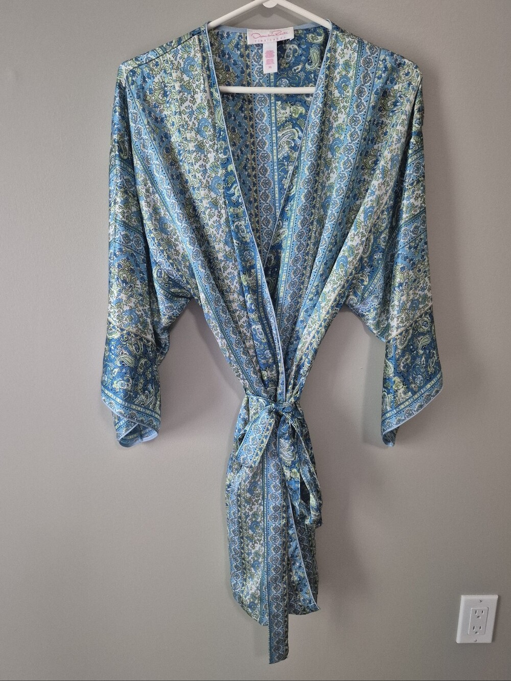 Oscar de la Renta Blue & Green White Yellow Paisley Floral Satin Robe Medium M